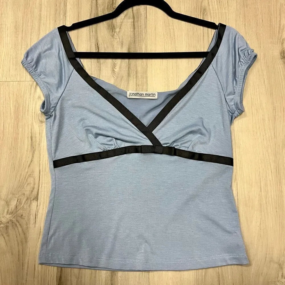 Vintage y2k Jonathan Martin top. Deep v neckline empire in blue and black szL